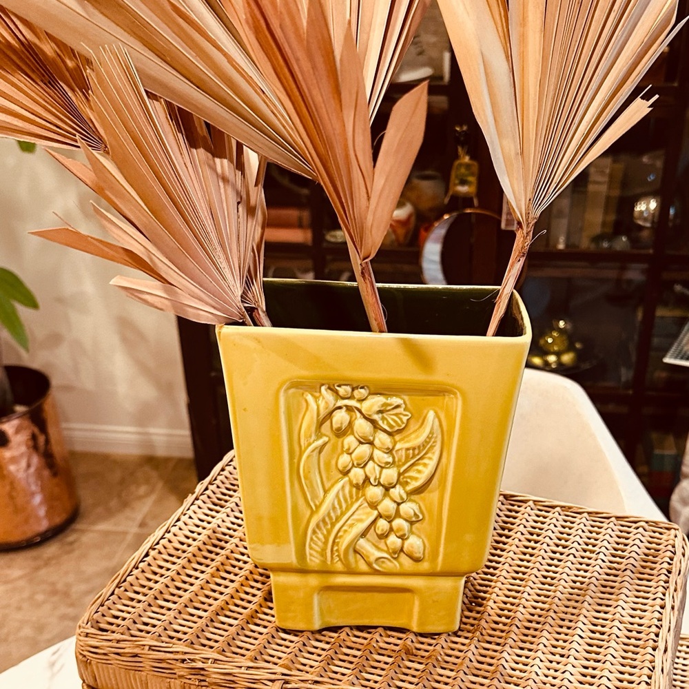 Vintage Redwing Chartreuse Vase with Leaf and Floral Design
